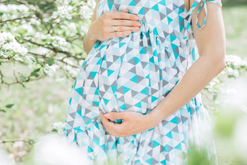 A beautiful pregnant woman in a straw hat in the spring park against the background of a flowering bush. The expectant mother walks in the spring garden. Waiting for a miracle.