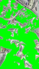 Flying dollars banknotes isolated on chromakey. Money is flying in the air. 100 US banknotes new sample. Vertical orientation. 3D illustration