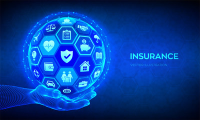 Insurance Services Concept. Car, travel, family, real estate, education, intellectual property, financial and health insurance. Abstract 3D sphere or globe with icons in hand. Vector illustration.