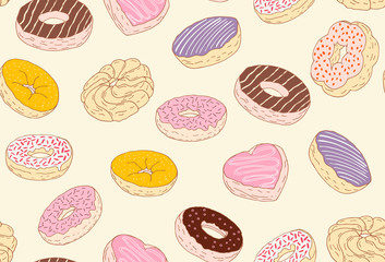 Hand drawn donuts seamless pattern on a yellow background, red brown and yellow colors. Donuts hand drawn vector for ads, menu and textile