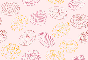 Hand drawn donuts seamless pattern on pink background, red brown and yellow colors. Donuts hand drawn vector for ads, menu and textile