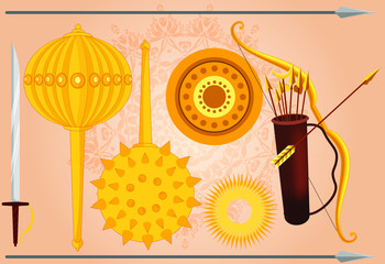Indian Gods Weapons Vector Illustration, Sword, Gaddha, Sphere, Bow and Arrow, Chakra and Shield editable source file, Artwork for info-graphics, 2D Animation, Motion-graphics