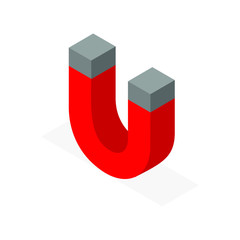 Isometric magnet with shadows. Horseshoe magnet isometric vector icon design. Electromagnet 3d symbol illustration. Magnetic lodestone equipment sign.