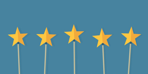 Five gold star customer service satisfaction feedback vector art - Excellent online internet business illustration experience reviews - Delivery, product quality and client report survey