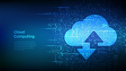 Cloud technology background. Cloud computing. Cloud storage sign with two arrows up and down icon made with binary code. Digital binary data and streaming digital code. Vector Illustration.