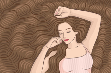 Girl with very long hair. The girl is resting. hair color is brown.