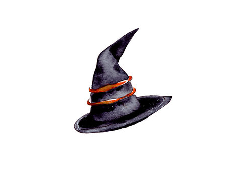 hand-drawn watercolor illustration. attributes and accessories for celebrating Halloween. Black witch hat. isolated
