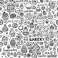Bakery doodle seamless pattern: Dessert Muffins, Cupcakes, Pastries, and Cakes. Black and white set of pastry background. 