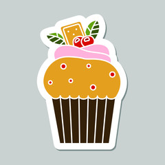 Vector cupcake sticker isolated on gray background. Food design elements for the menu, bakery logo, web, postcards, stickers.