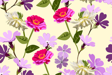 Vector seamless floral background with realistic flowers of zinnia, white dahlia, primrose. Summer print for design textile, wallpaper, wrapping paper.