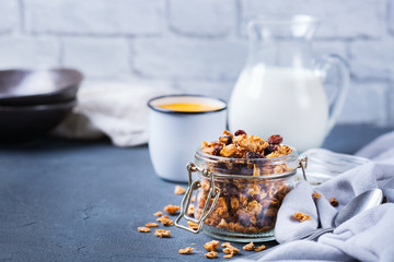 Homemade granola muesli on a kitchen table