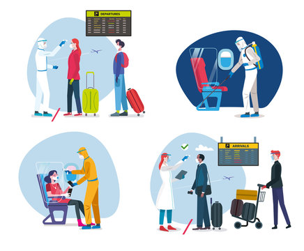 Travel safely in coronavirus age. Four scenes with passengers and specialist with protective suits about the security measures to travel safely in coronavirus time. 