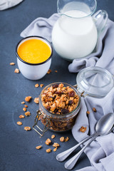 Homemade granola muesli on a kitchen table