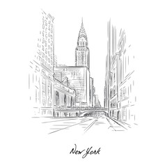 New york city sketch drawing with pencil on paper vector illustration. Detailed picture of world famous city flat style. Modern art and creativity concept. Isolated on white background - obrazy, fototapety, plakaty