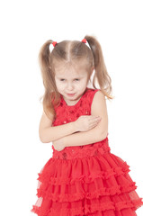 closeup portrait of a little smiling three year old girl on a white background