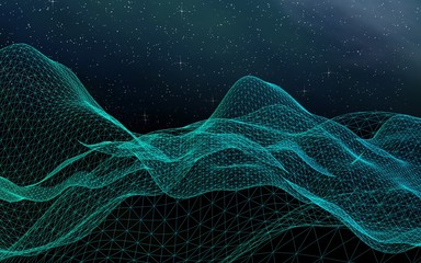 Abstract landscape on a dark background. Cyberspace grid. hi tech network. Outer space. Starry outer space texture. 3D illustration