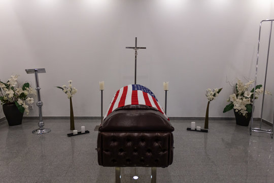 USA Funeral home with new modern like a Sofa chester coffin style. American Flag