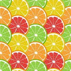 Fototapeta premium Seamless pattern with sliced pieces of citrus fruit. Bright background tropical fruits. Stock vector illustration. Ideas for modern designs of backgrounds, greeting cards, print, packaging, textile.