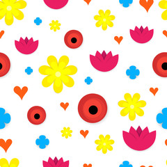 Seamless vector pattern with paper colorful beautiful flowers on white background. Vector illustration