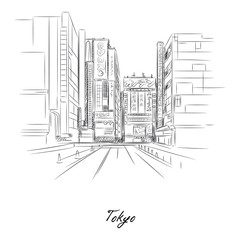 Tokyo city and streets sketch with pencil on paper vector illustration. Street of famous city flat style. Modern art creativity and architecture concept. Isolated on white background