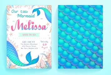 Under sea party invitation template for event vector illustration. Bright decoration for card flat style. Fish tail on surface. Address information. Isolated on blue background
