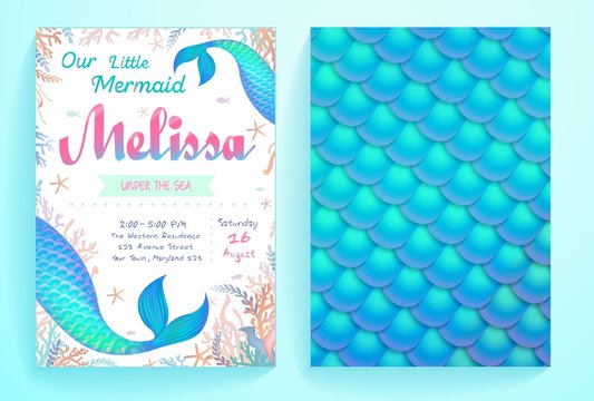 Under sea party invitation template for event vector illustration. Bright decoration for card flat style. Fish tail on surface. Address information. Isolated on blue background