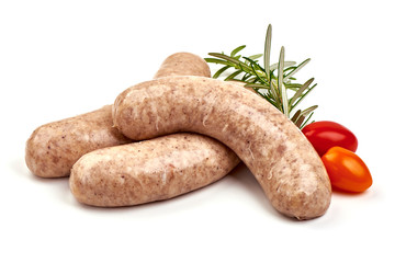 Raw Bratwurst sausages, isolated on white background