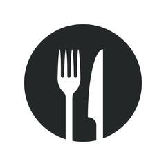 Fork and knife icon logo. Simple flat shape restaurant or cafe place sign. Kitchen and diner menu symbol. Vector illustration image. isolated on white background.