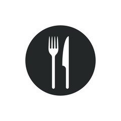 Fork and knife icon logo. Simple flat shape restaurant or cafe place sign. Kitchen and diner menu symbol. Vector illustration image. isolated on white background.