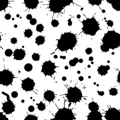 Abstract ink splashes vector seamless pattern. Spotted grunge texture background. Watercolor black white paint backdrop
