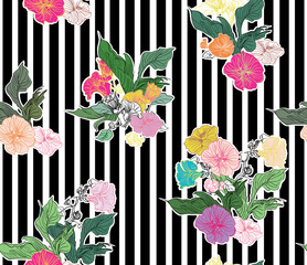 Obraz premium Colorful Floral Stickers on Black and White Vertical Stripes, Flower Bouquets Pink, Yellow, Green Agressive Design, Summer Print Flowers Isolated Groups