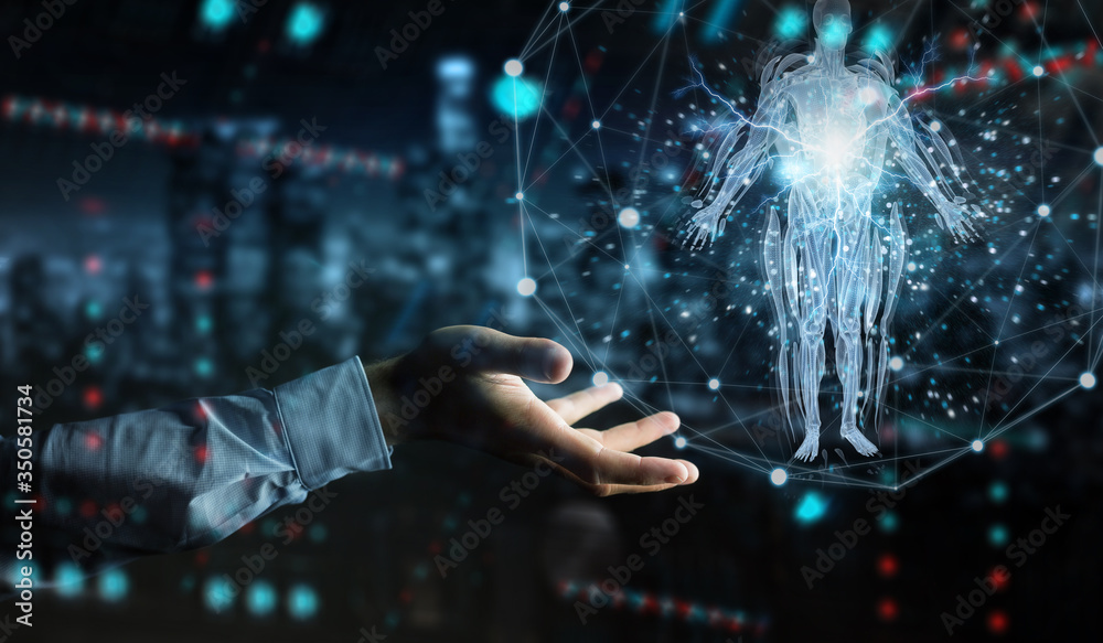 Poster man hand using digital x-ray human body holographic scan projection 3d rendering