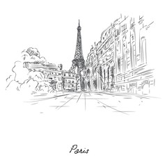 Fototapeta Beautiful paris city sketch painted with pencil on paper vector illustration. Street of famous city flat style. Modern art and architecture concept. Isolated on white background obraz