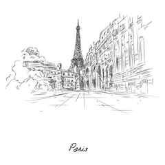 Poster Beautiful paris city sketch painted with pencil on paper vector illustration. Street of famous city flat style. Modern art and architecture concept. Isolated on white background © Microstocker.Pro