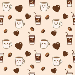 Vector seamless pattern of coffee cups and mugs with coffee beans and little hearts on a creme background.  T-shirt print, fashion print design, kids wear, greeting and invitation card.