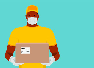 Fototapeta na wymiar Delivering parcel. African American delivery man holding cardboard box. Courier in medical mask and gloves. Carrying package. Sterile cargo.