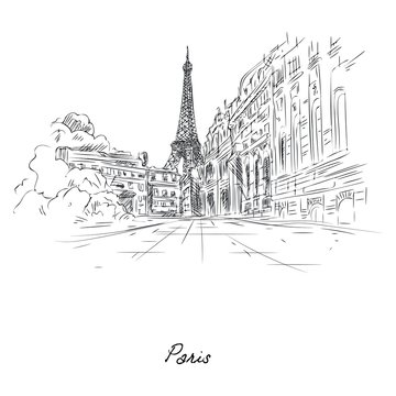 Beautiful paris city sketch painted with pencil on paper vector illustration. Street of famous city flat style. Modern art and architecture concept. Isolated on white background