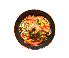 Bowl with wok noodles and shrimp isolated on a white background