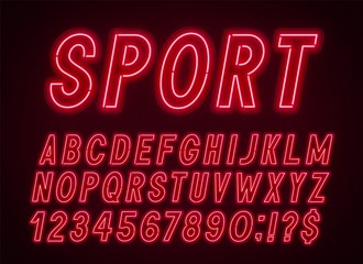 Neon red font, light alphabet with numbers on a dark background.