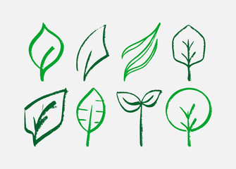 Collection of vector hand drawn leaves, green leaf icons, sketches and doodles illustration, line art