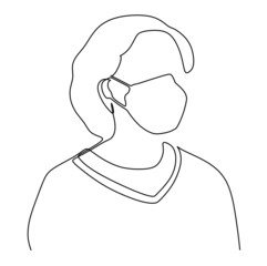 Woman wear masks to prevent viral infections. Continuous single line drawing vector illustration