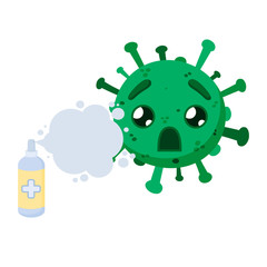 Green coronavirus with a antibacterial agent. Сovid-19. Funny cartoon character with emotion. Shok. Vector illustration isolated on a white background.