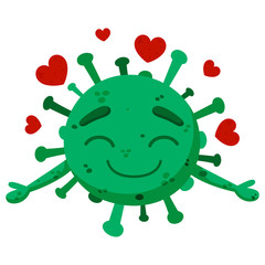 Green coronavirus with a heart. Сovid-19. Funny cartoon character with emotion. In love, smile, happy, grasp. Vector illustration isolated on a white background.