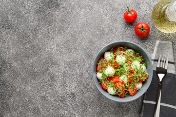 Italian food. Delicious caprese salad with mozzarella cheese, cherry tomatoes and arugula microgreens. Top view with copy space. Gray stone background.
