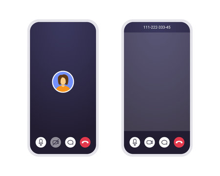 Video call screen, mobile app with blank display for video, user avatar, mic and text chat icons. UI conference mockup for home office and online learning on quarantine. Smartphone screen template.