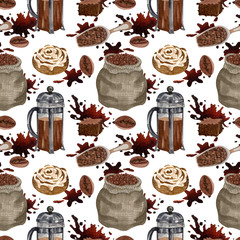 Watercolor coffee seamless pattern. Hand drawn vintage coffee elements and hot beverage on white background. Breakfast backdrop