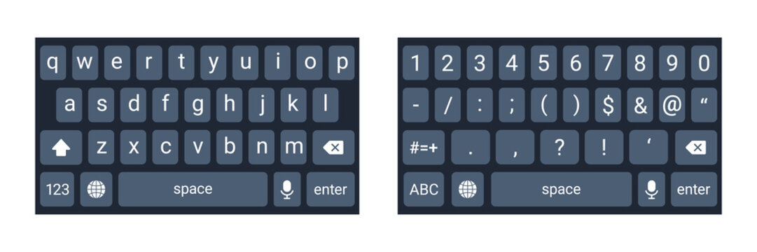 Mobile phone keyboard mockup, qwerty keypad alphabet buttons and numbers in flat style, mobile phone tab concept for text app in modern dark mode, vector illustration. Social media panel for devices.