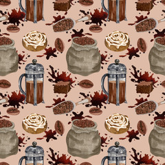 Watercolor coffee seamless pattern. Hand drawn vintage coffee elements and hot beverage on beige background. Breakfast backdrop