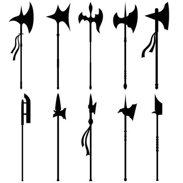 A set of ten different types of medieval halberds. Illustration for various purposes of icons, brochures, banners, logos.