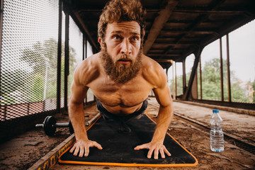 Man working out at old train station